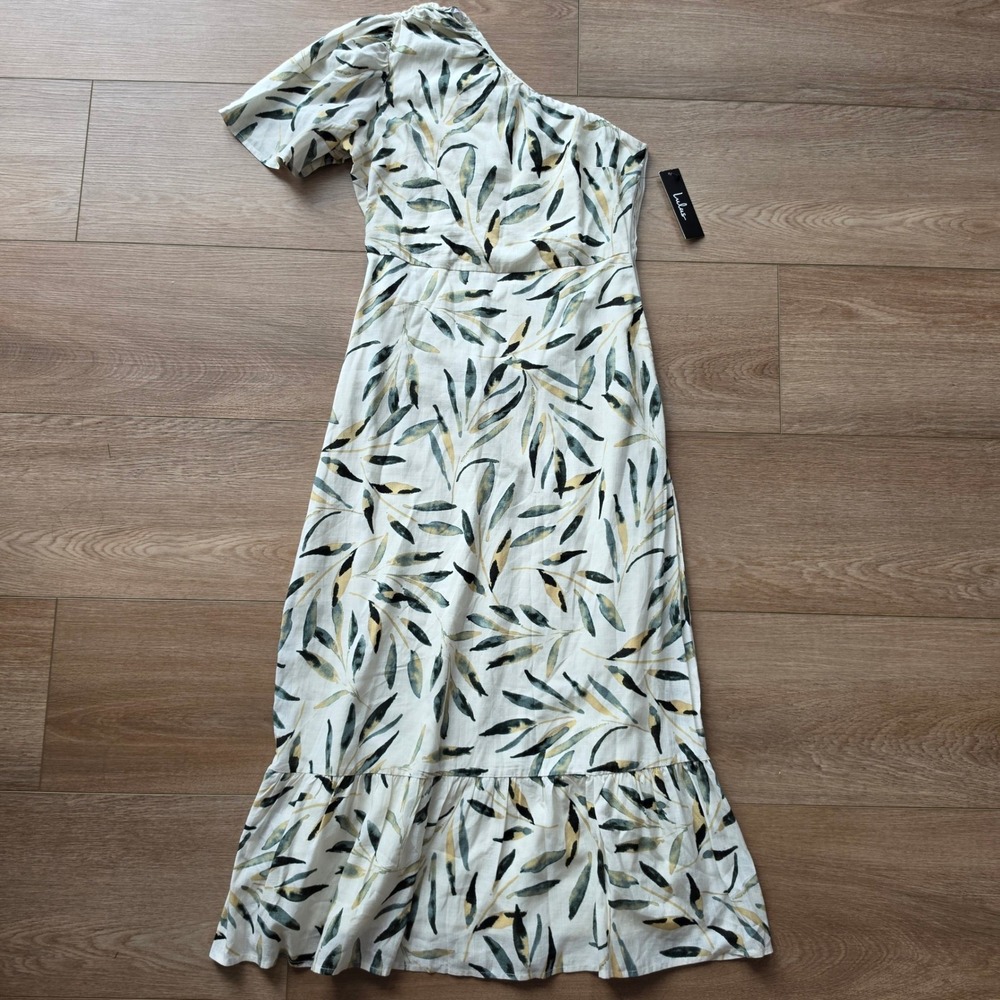 Lulus One Shoulder Leaf Print Maxi Dress Cream Green Botanical Ruffle Hem